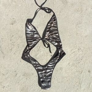 Metallic Black Silver Zebra Cutout One-Piece Swimsuit